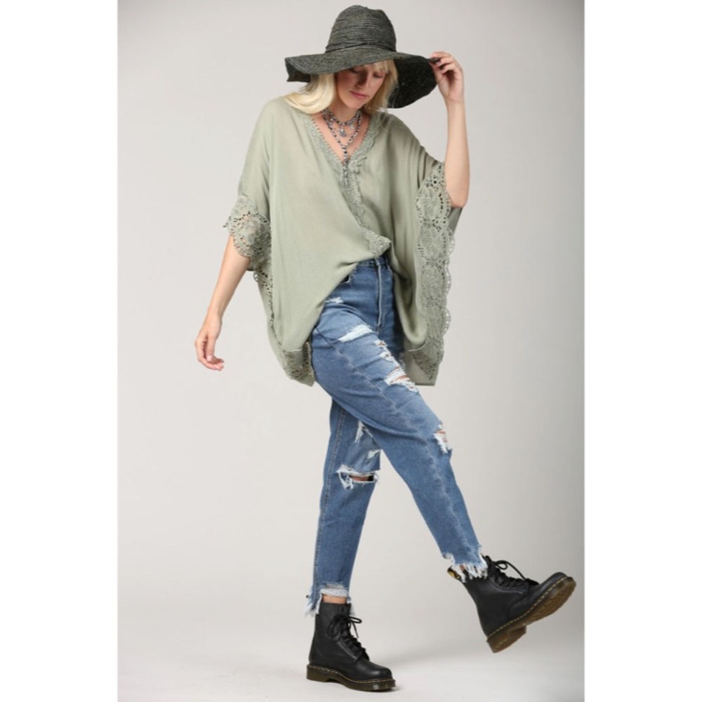 Olive Green Yoryu V-Neck Lace Trim Kimono Blouse Bohemian Casual Top - Picture 2 of 4